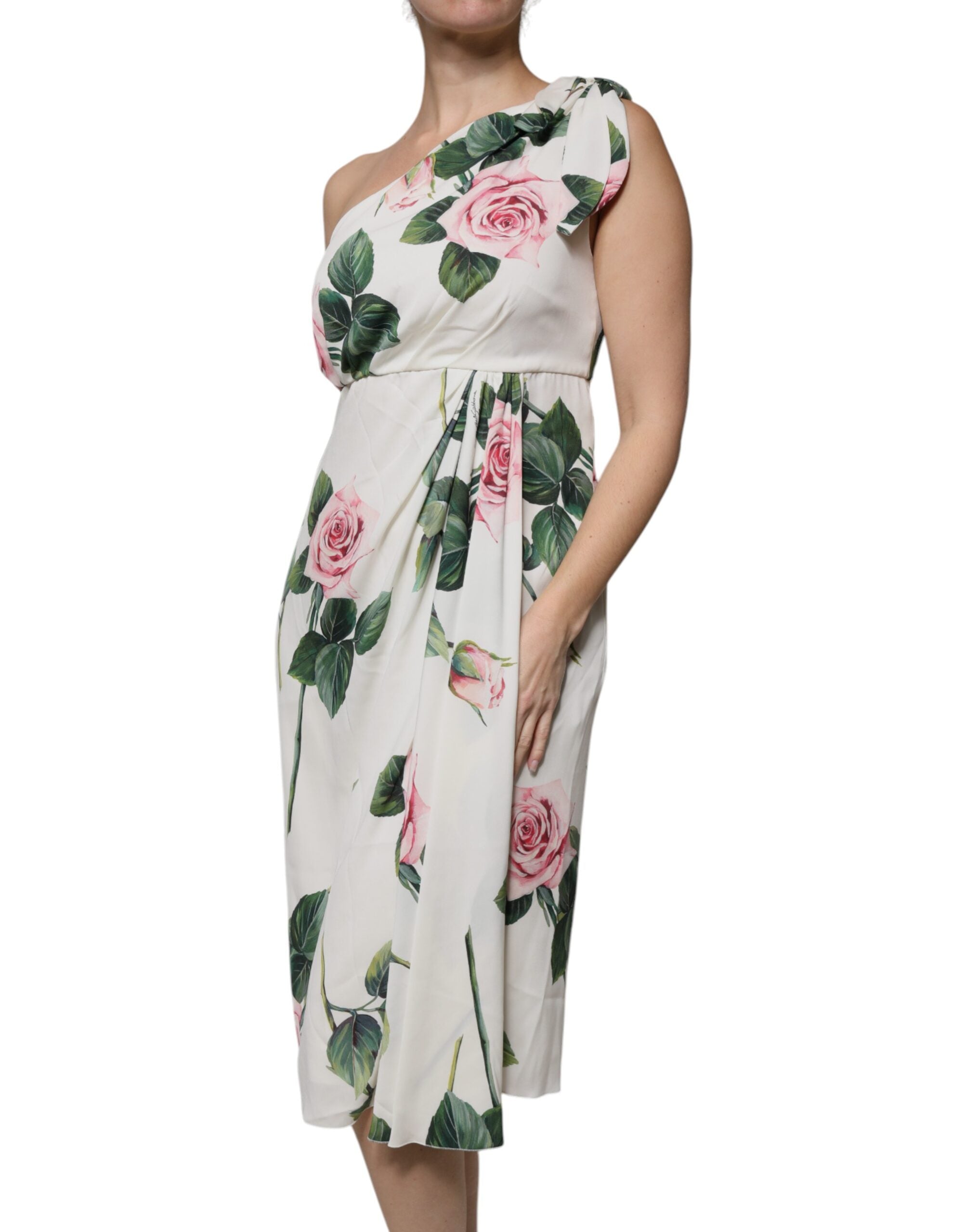 Dolce & Gabbana White Floral Silk One Shoulder Midi Dress -   -  Dolce & Gabbana.