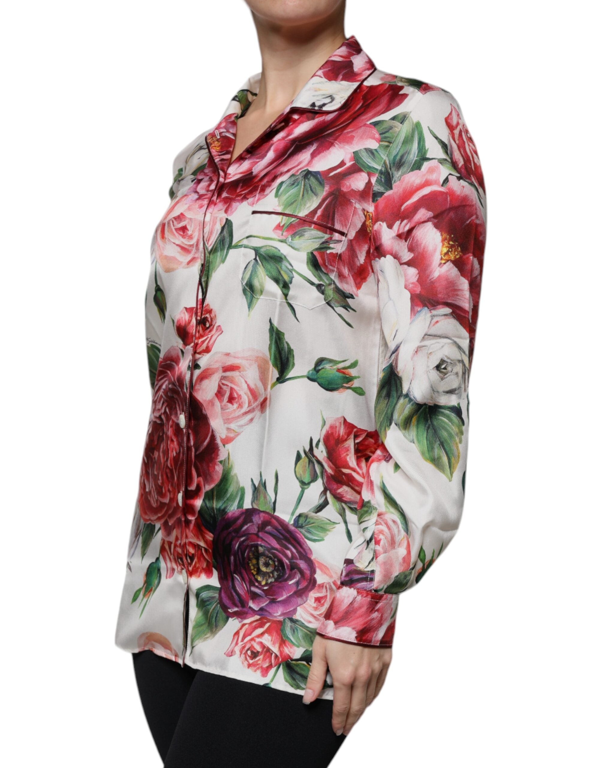 Dolce & Gabbana White Peony Silk Long Sleeves Collared Blouse Top -   -  Dolce & Gabbana.