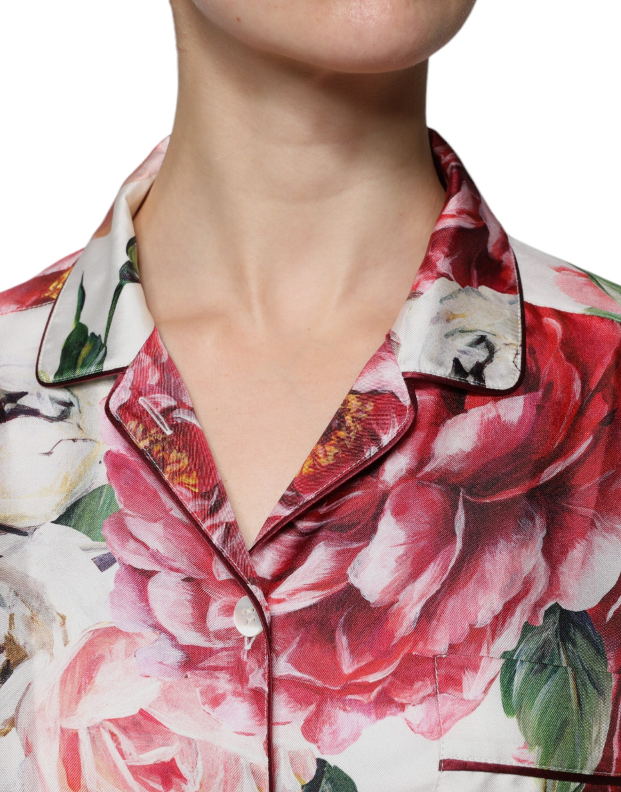 Dolce & Gabbana White Peony Silk Long Sleeves Collared Blouse Top -   -  Dolce & Gabbana.