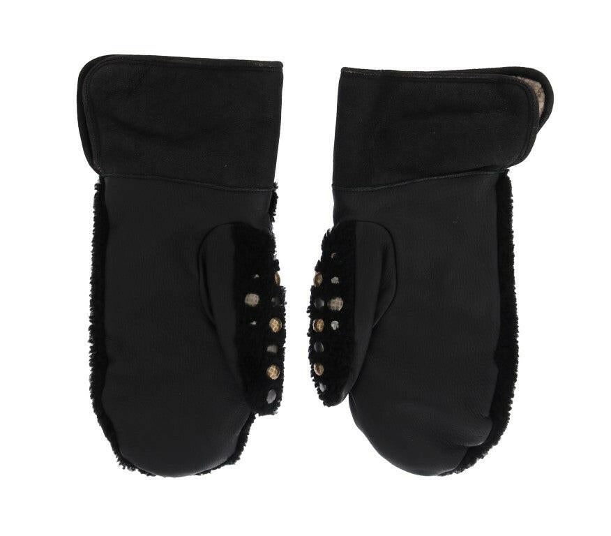 Dolce & Gabbana Black Leather Shearling Studded Gloves -   -  Dolce & Gabbana.