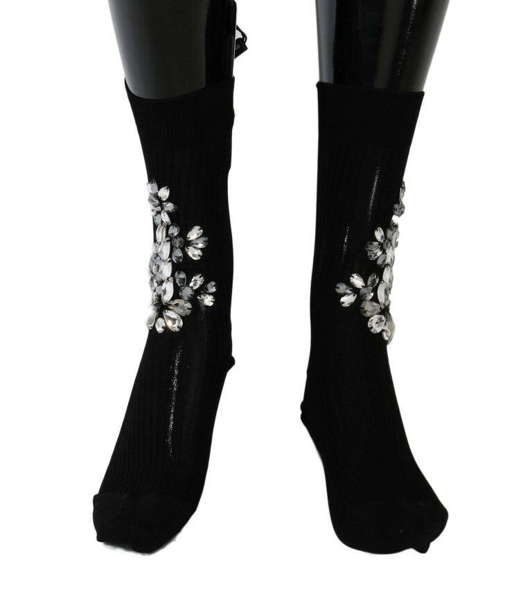 Dolce & Gabbana Black Knitted Floral Clear Crystal Socks -   -  Dolce & Gabbana.