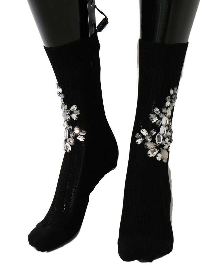 Dolce & Gabbana Black Knitted Floral Clear Crystal Socks -   -  Dolce & Gabbana.