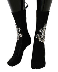 Dolce & Gabbana Black Knitted Floral Clear Crystal Socks -   -  Dolce & Gabbana.