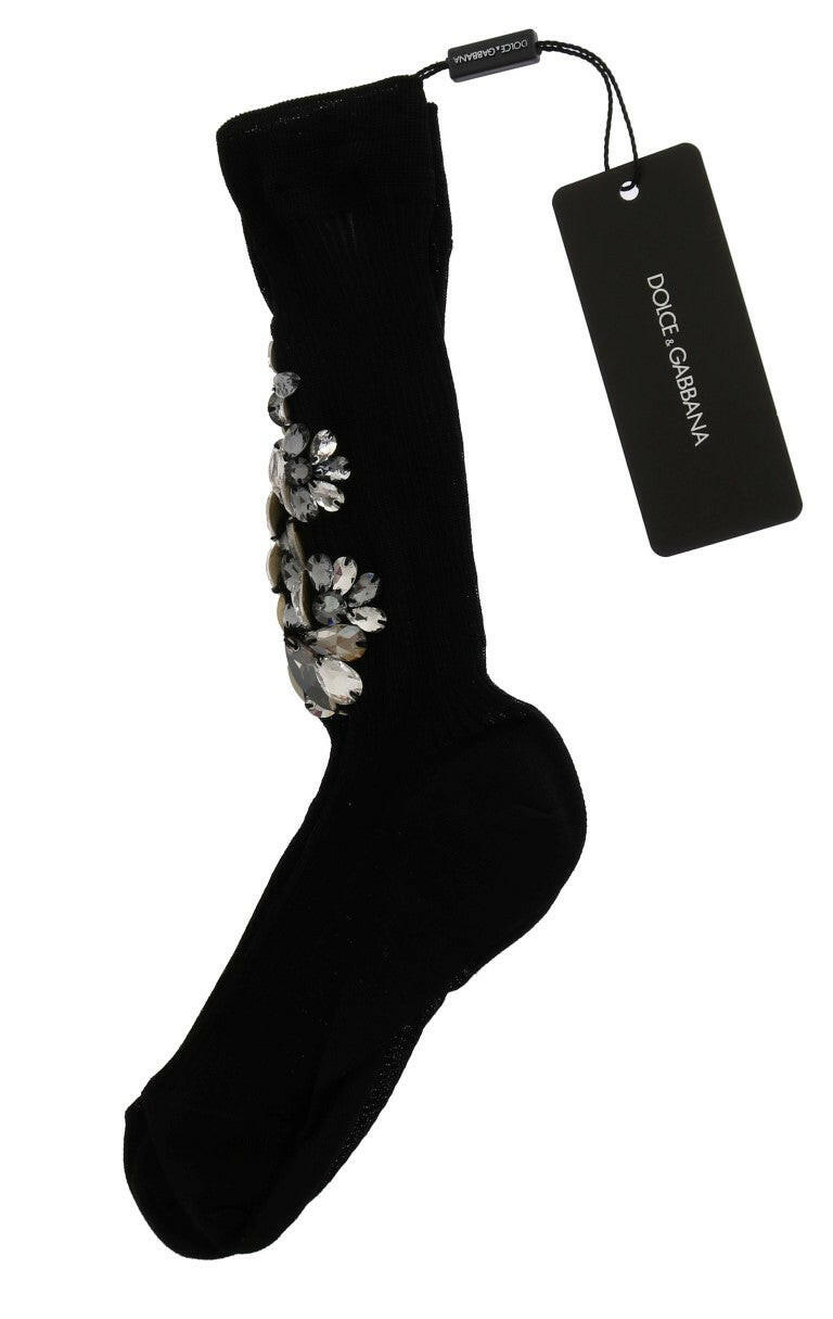 Dolce & Gabbana Black Knitted Floral Clear Crystal Socks -   -  Dolce & Gabbana.