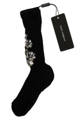 Dolce & Gabbana Black Knitted Floral Clear Crystal Socks -   -  Dolce & Gabbana.