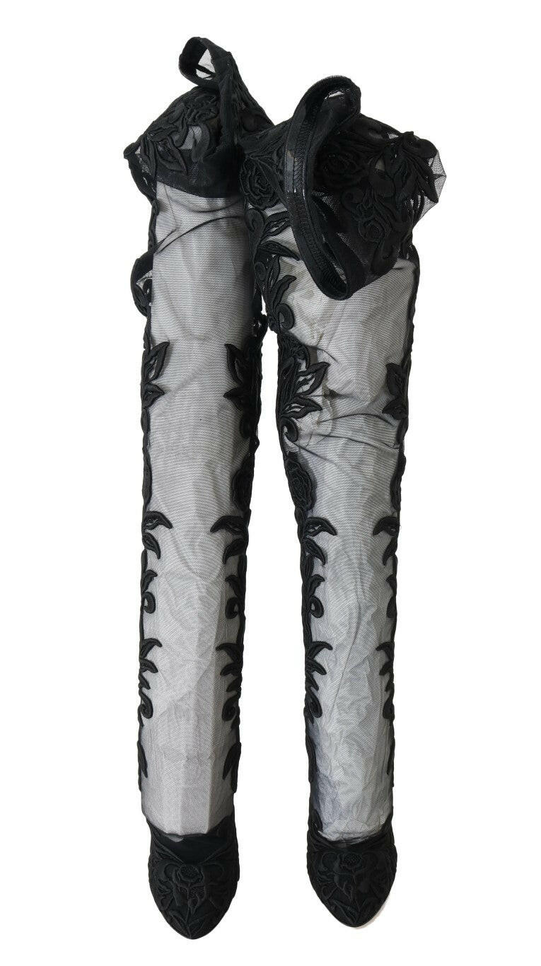 Dolce & Gabbana Black Floral Embroidered Socks Boots -   -  Dolce & Gabbana.