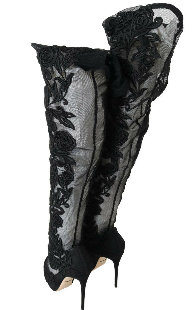 Dolce & Gabbana Black Floral Embroidered Socks Boots -   -  Dolce & Gabbana.