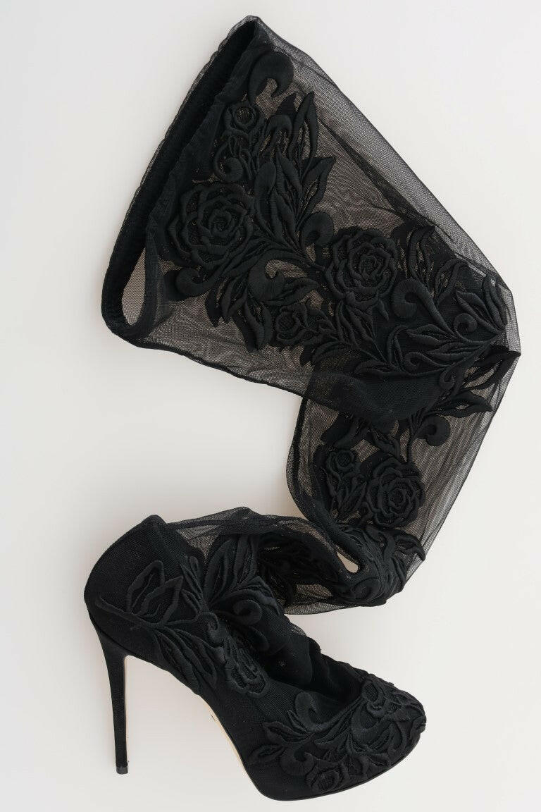 Dolce & Gabbana Black Floral Embroidered Socks Boots -   -  Dolce & Gabbana.