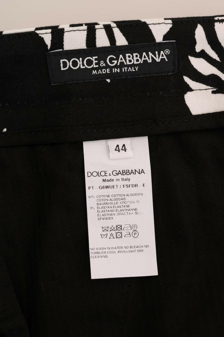 Dolce & Gabbana White Black Leaf Cotton Stretch Slim Pants -   -  Dolce & Gabbana.