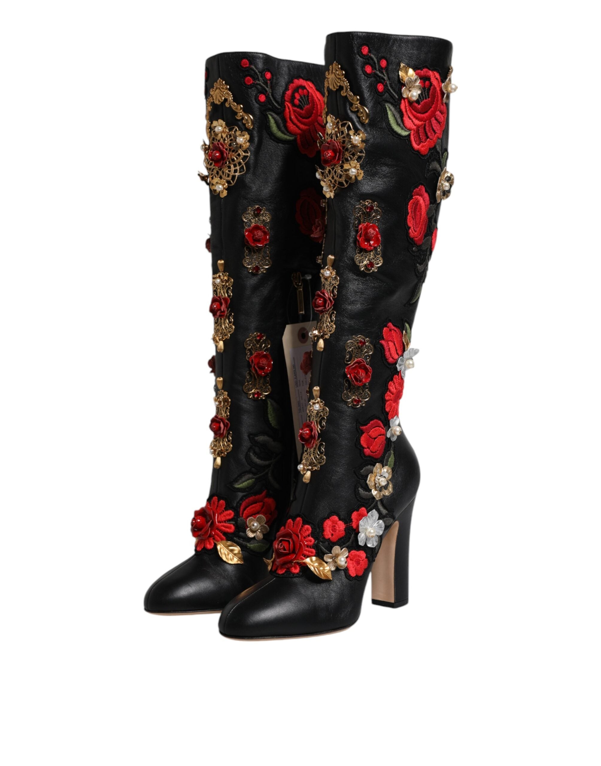 Dolce & Gabbana Black Roses Embellished Leather Heel Boots Shoes -   -  Dolce & Gabbana.