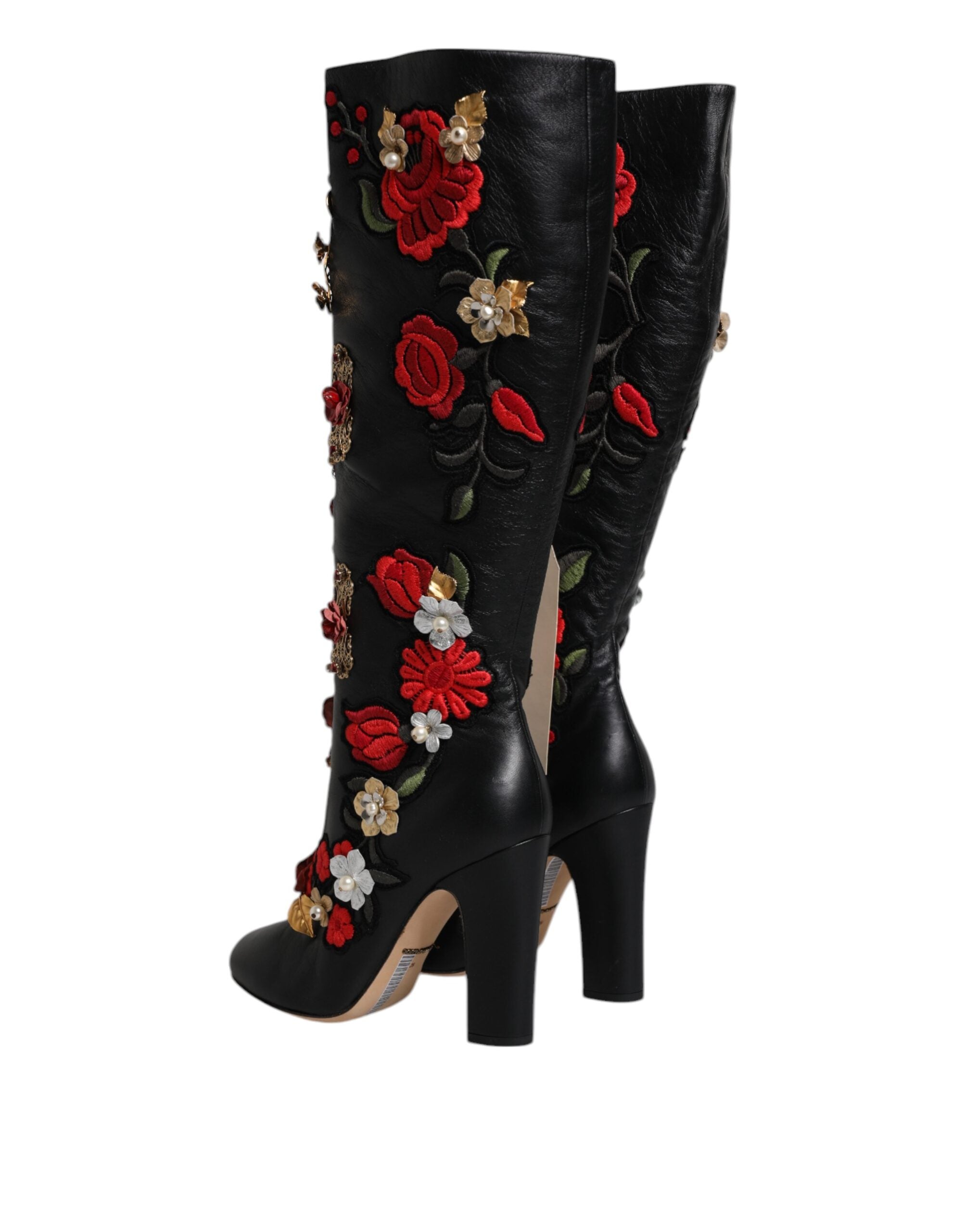 Dolce & Gabbana Black Roses Embellished Leather Heel Boots Shoes -   -  Dolce & Gabbana.