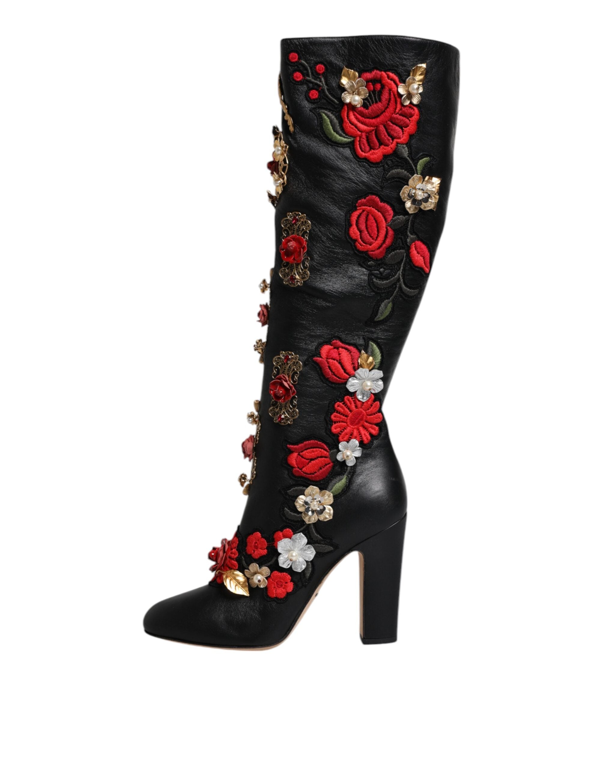 Dolce & Gabbana Black Roses Embellished Leather Heel Boots Shoes -   -  Dolce & Gabbana.