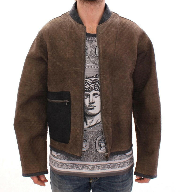 Dolce & Gabbana Brown Gray Leather Jacket Coat -   -  Dolce & Gabbana.