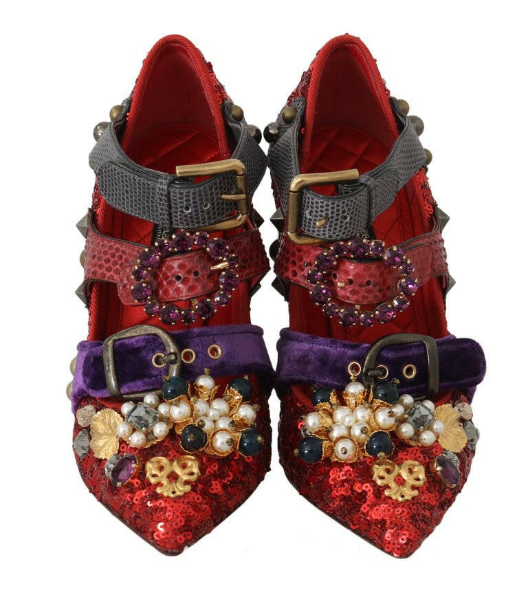 Dolce & Gabbana Red Sequined Crystal Studs Heels Shoes -   -  Dolce & Gabbana.