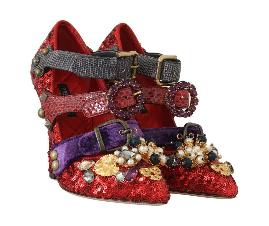 Dolce & Gabbana Red Sequined Crystal Studs Heels Shoes -   -  Dolce & Gabbana.