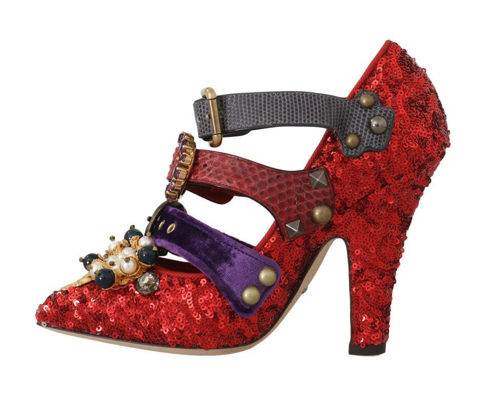Dolce & Gabbana Red Sequined Crystal Studs Heels Shoes -   -  Dolce & Gabbana.