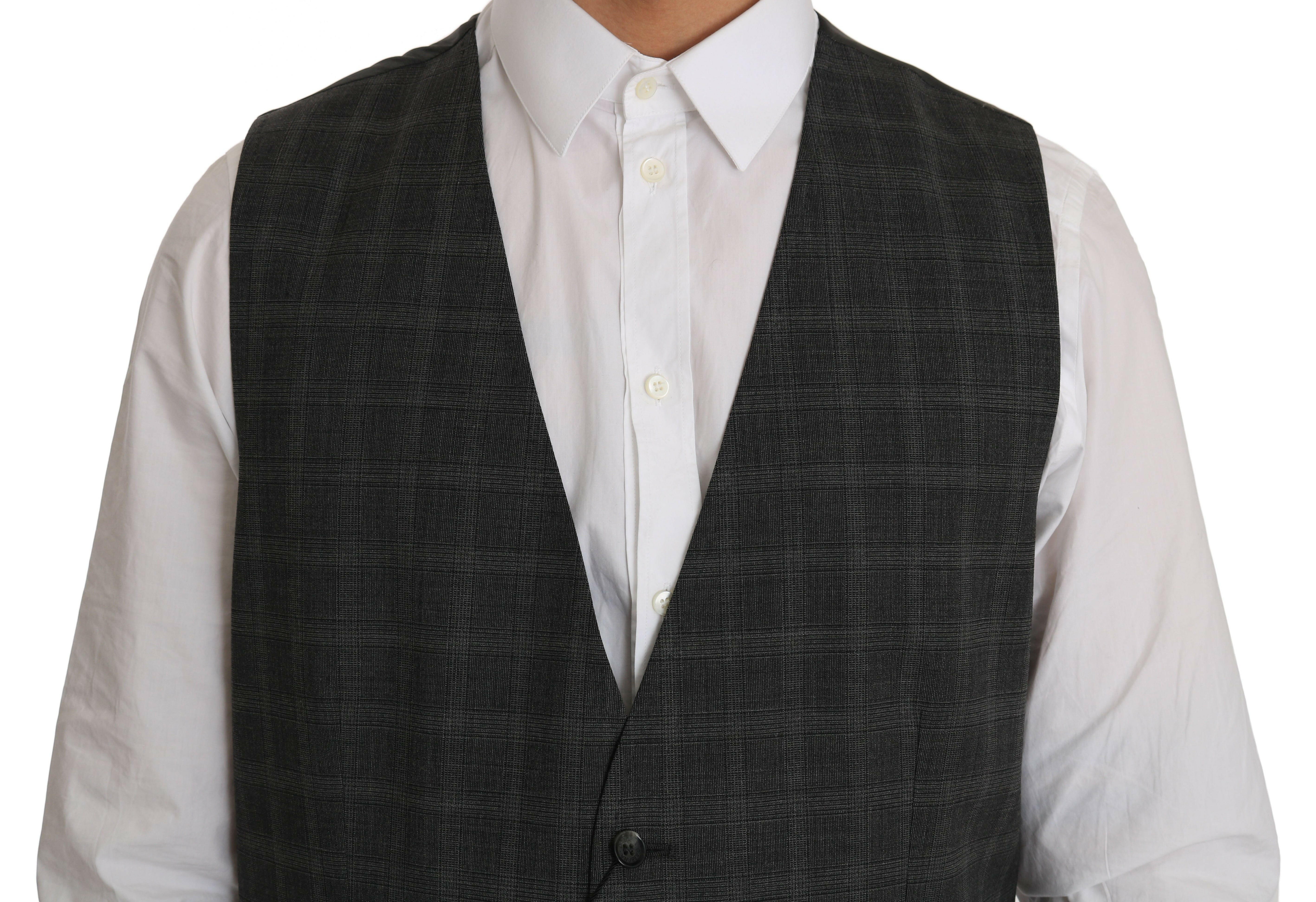 Dolce & Gabbana Gray Wool STAFF Checkered Stretch Vest -  Vests for Men Suits -  Dolce & Gabbana.