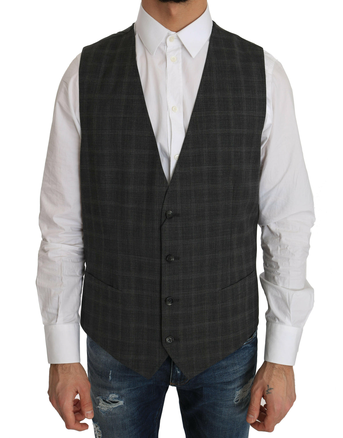 Dolce & Gabbana Gray Wool STAFF Checkered Stretch Vest -  Vests for Men Suits -  Dolce & Gabbana.