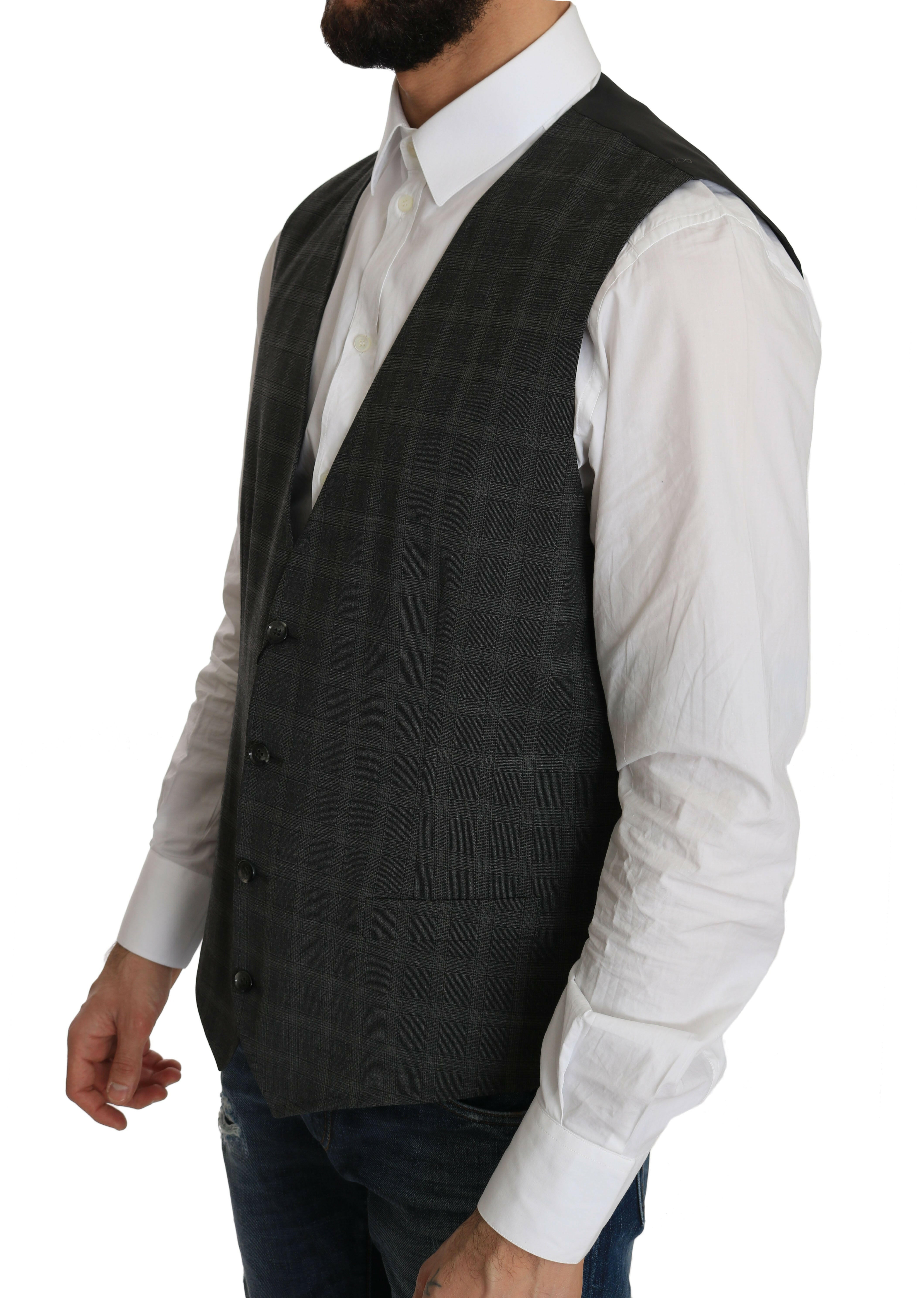 Dolce & Gabbana Gray Wool STAFF Checkered Stretch Vest -  Vests for Men Suits -  Dolce & Gabbana.