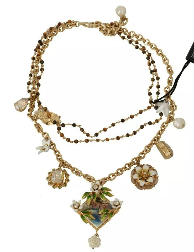 Dolce & Gabbana Gold Brass Crystal Floral Statement Charms Necklace -   -  Dolce & Gabbana.