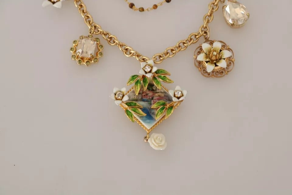 Dolce & Gabbana Gold Brass Crystal Floral Statement Charms Necklace -   -  Dolce & Gabbana.