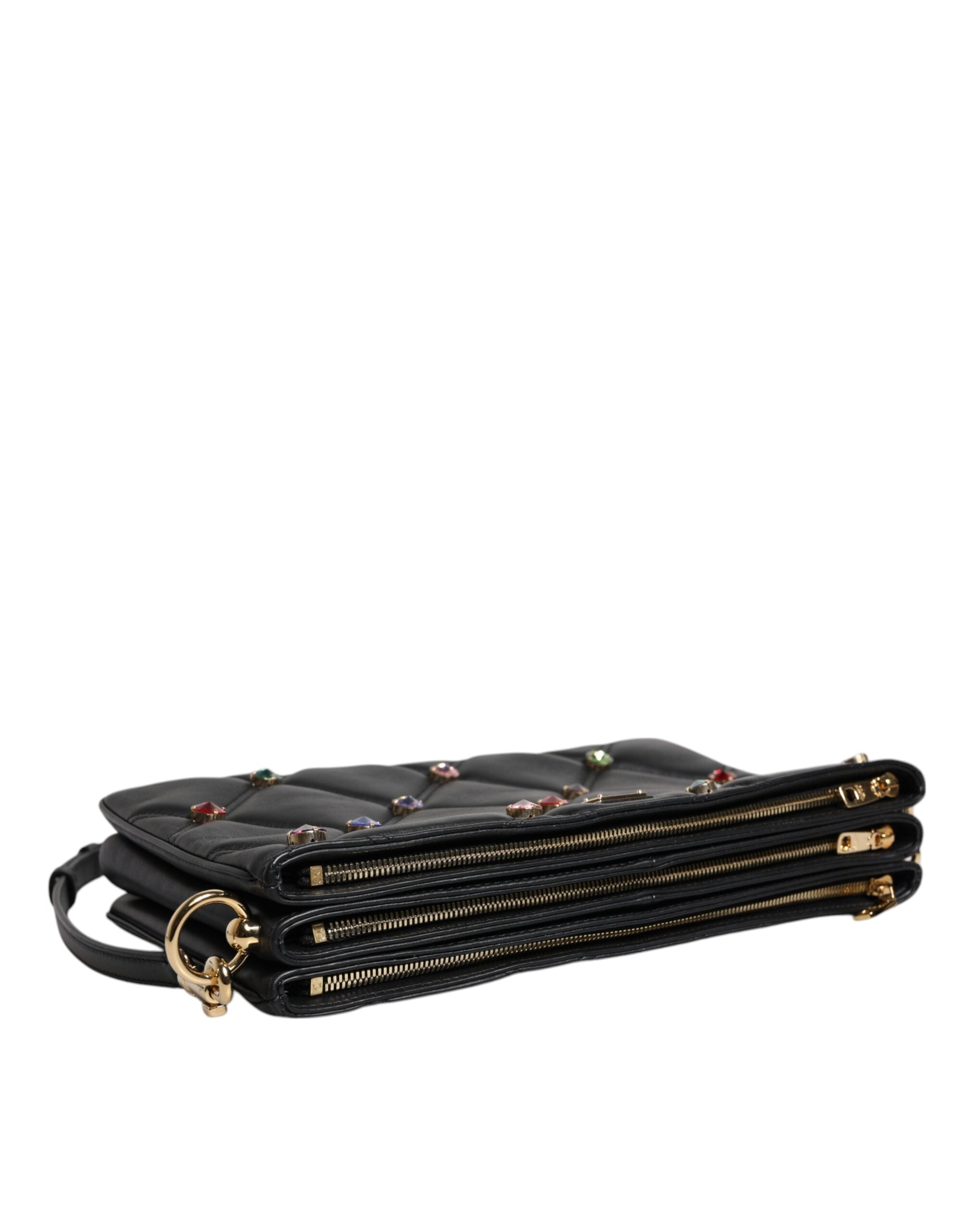 Dolce & Gabbana Black Leather Crystal Embellished Logo Shoulder Bag -   -  Dolce & Gabbana.