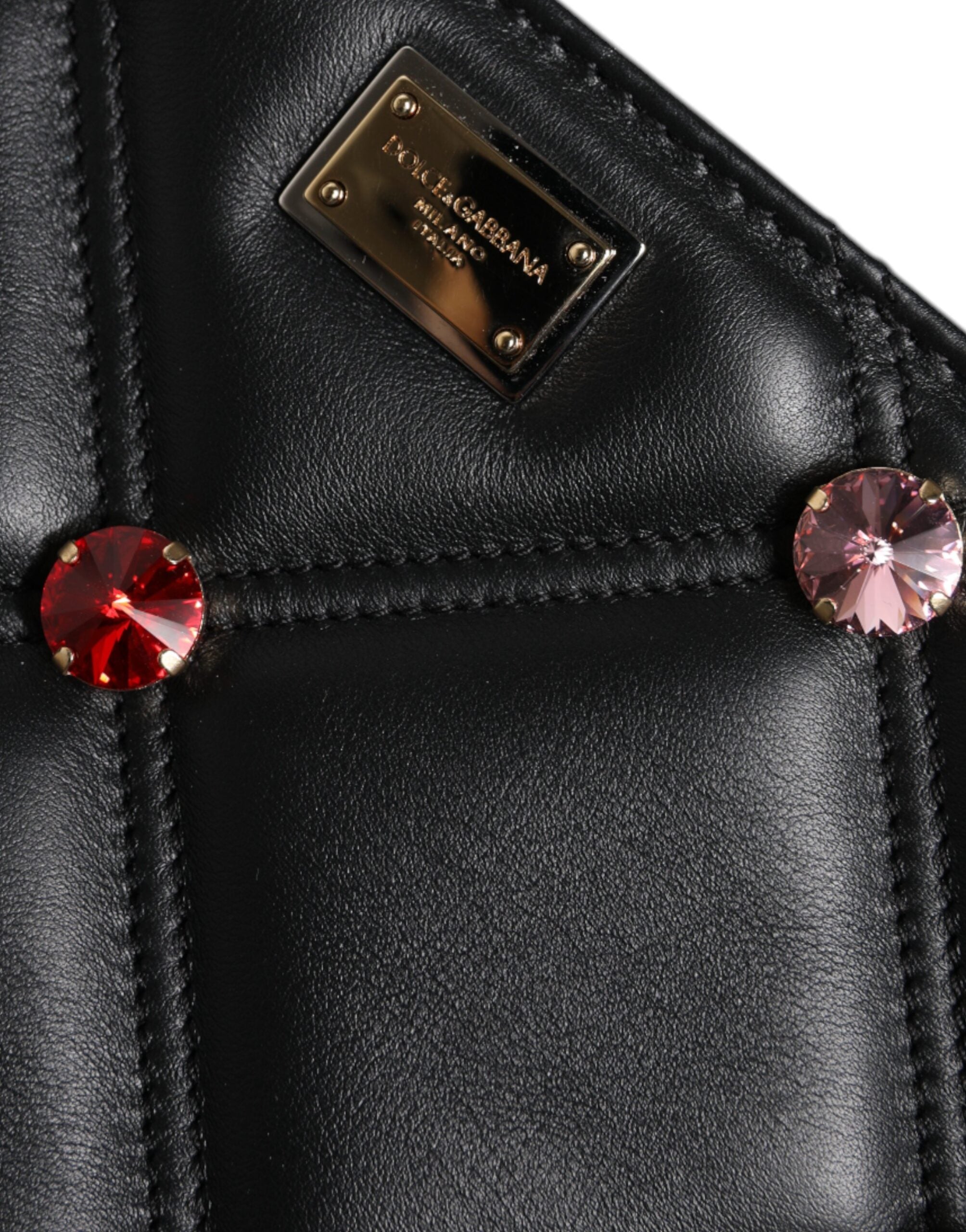 Dolce & Gabbana Black Leather Crystal Embellished Logo Shoulder Bag -   -  Dolce & Gabbana.