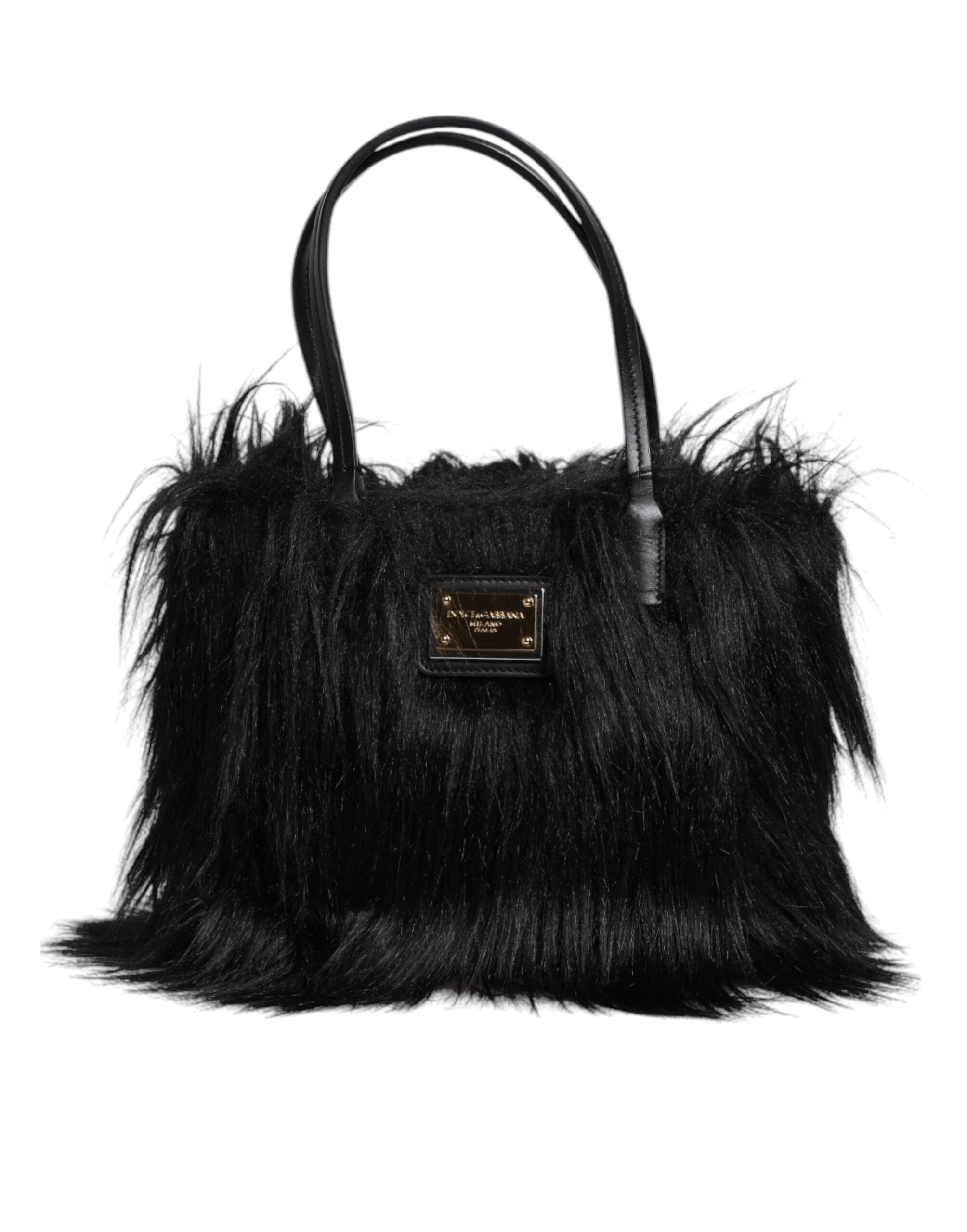Dolce & Gabbana Black Fur Logo Plaque Double Handle Shoulder Bag -   -  Dolce & Gabbana.