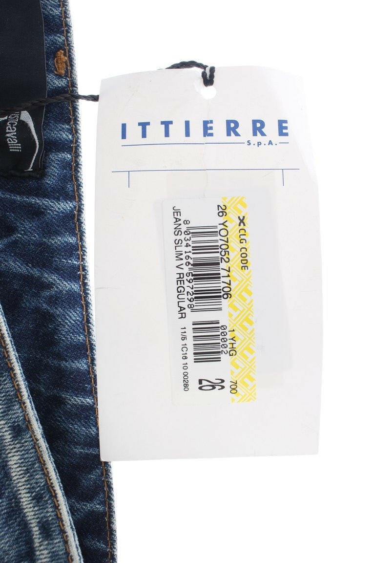 Cavalli Blue Wash Torn Cotton Straight Fit Jeans -   -  Cavalli.