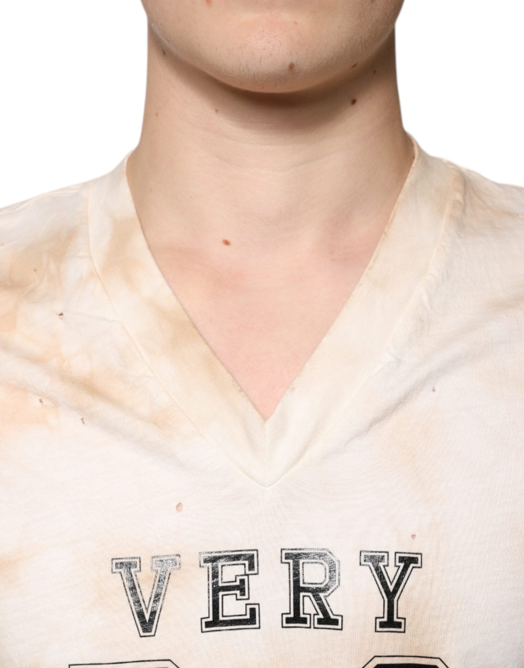 Dolce & Gabbana Beige Graphic Print Cotton V-neck T-shirt -   -  Dolce & Gabbana.