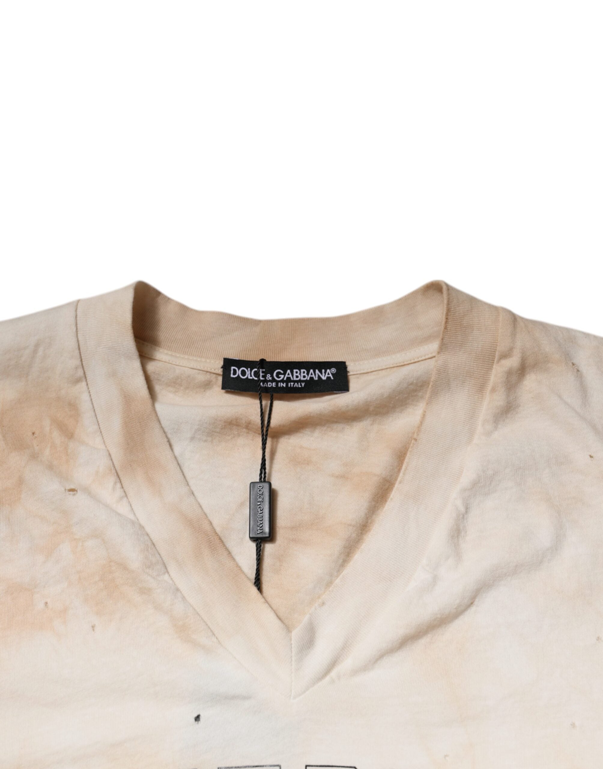 Dolce & Gabbana Beige Graphic Print Cotton V-neck T-shirt -   -  Dolce & Gabbana.