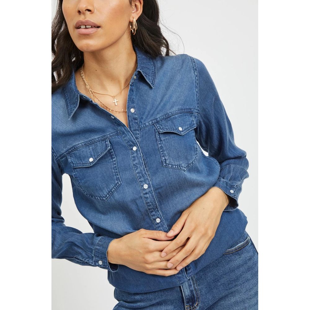 Vila Clothes Blue Cotton Shirt -   -  Vila Clothes.