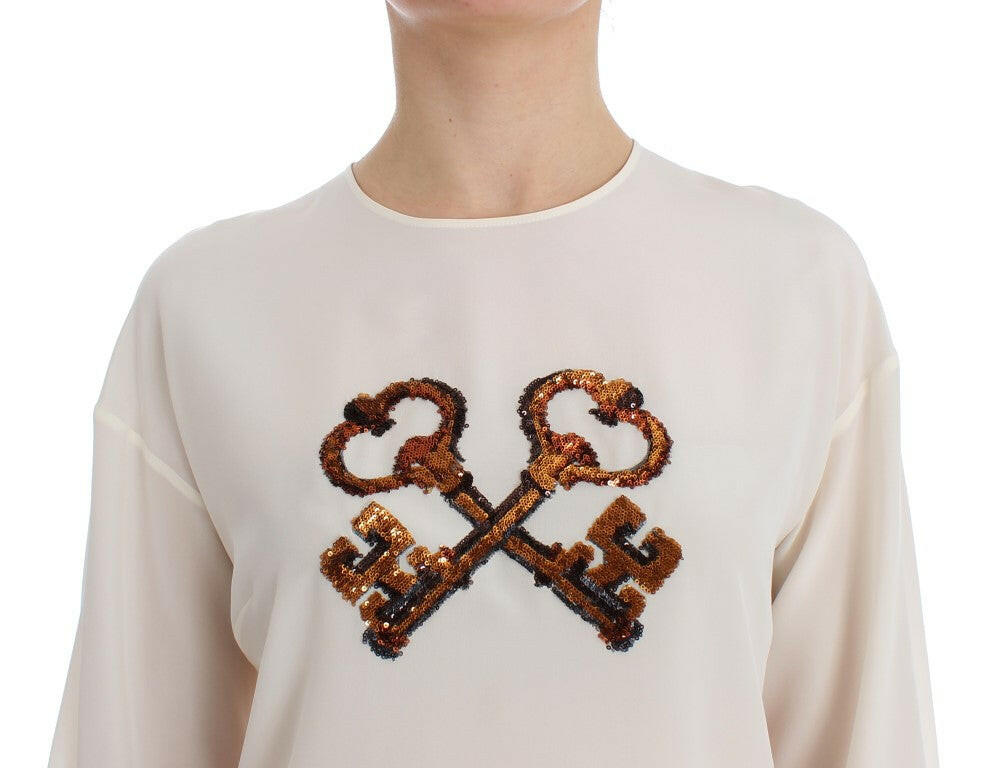 Dolce & Gabbana White Sequined Key Silk Blouse T-shirt Top -   -  Dolce & Gabbana.