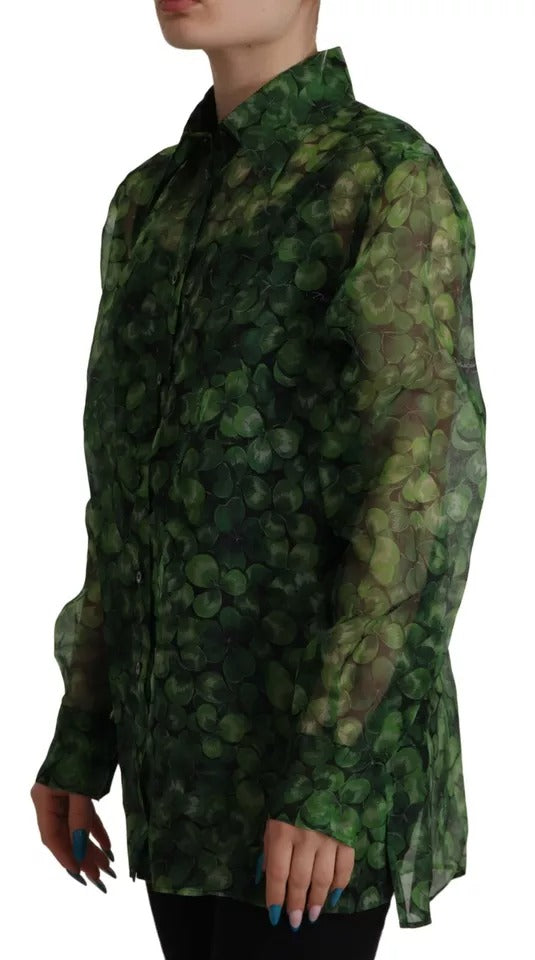Dolce & Gabbana Green Clover Print Long Sleeves Collared Top Blouse -   -  Dolce & Gabbana.