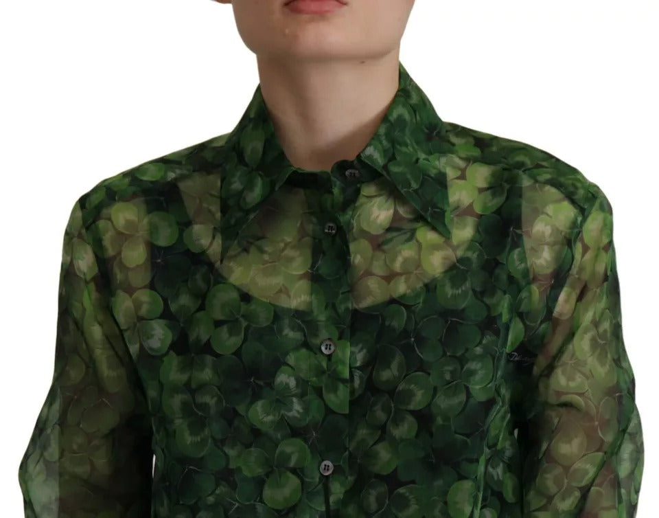 Dolce & Gabbana Green Clover Print Long Sleeves Collared Top Blouse -   -  Dolce & Gabbana.