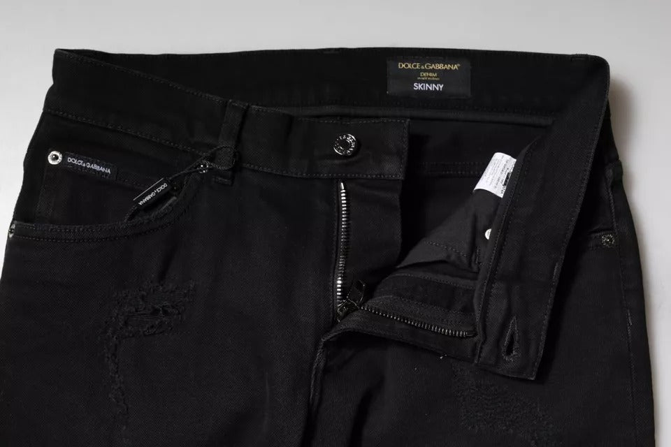 Dolce & Gabbana Black Cotton Tattered Skinny Denim Logo Jeans -   -  Dolce & Gabbana.