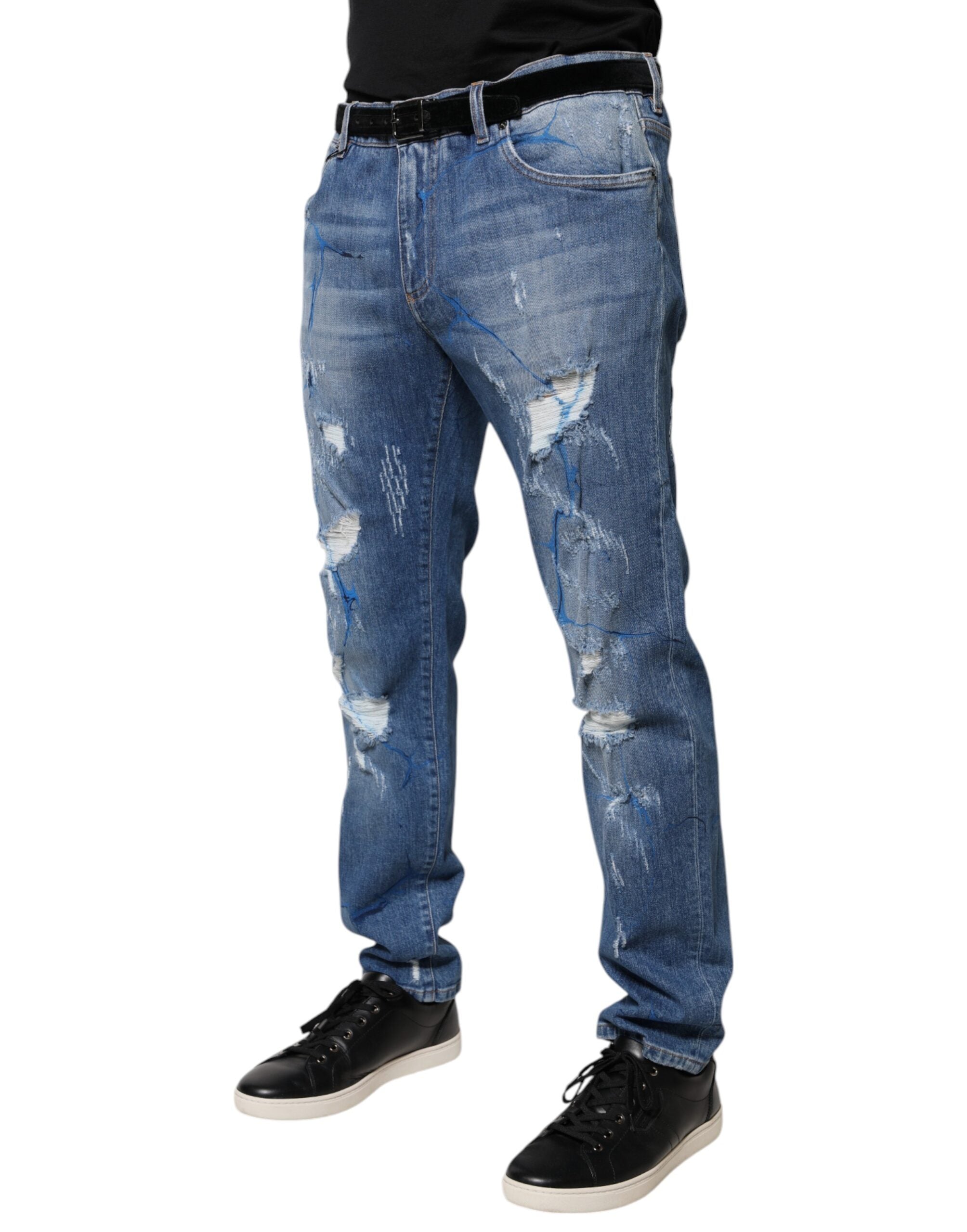 Dolce & Gabbana Blue Cotton Stretch Tattered Skinny Denim Jeans -   -  Dolce & Gabbana.