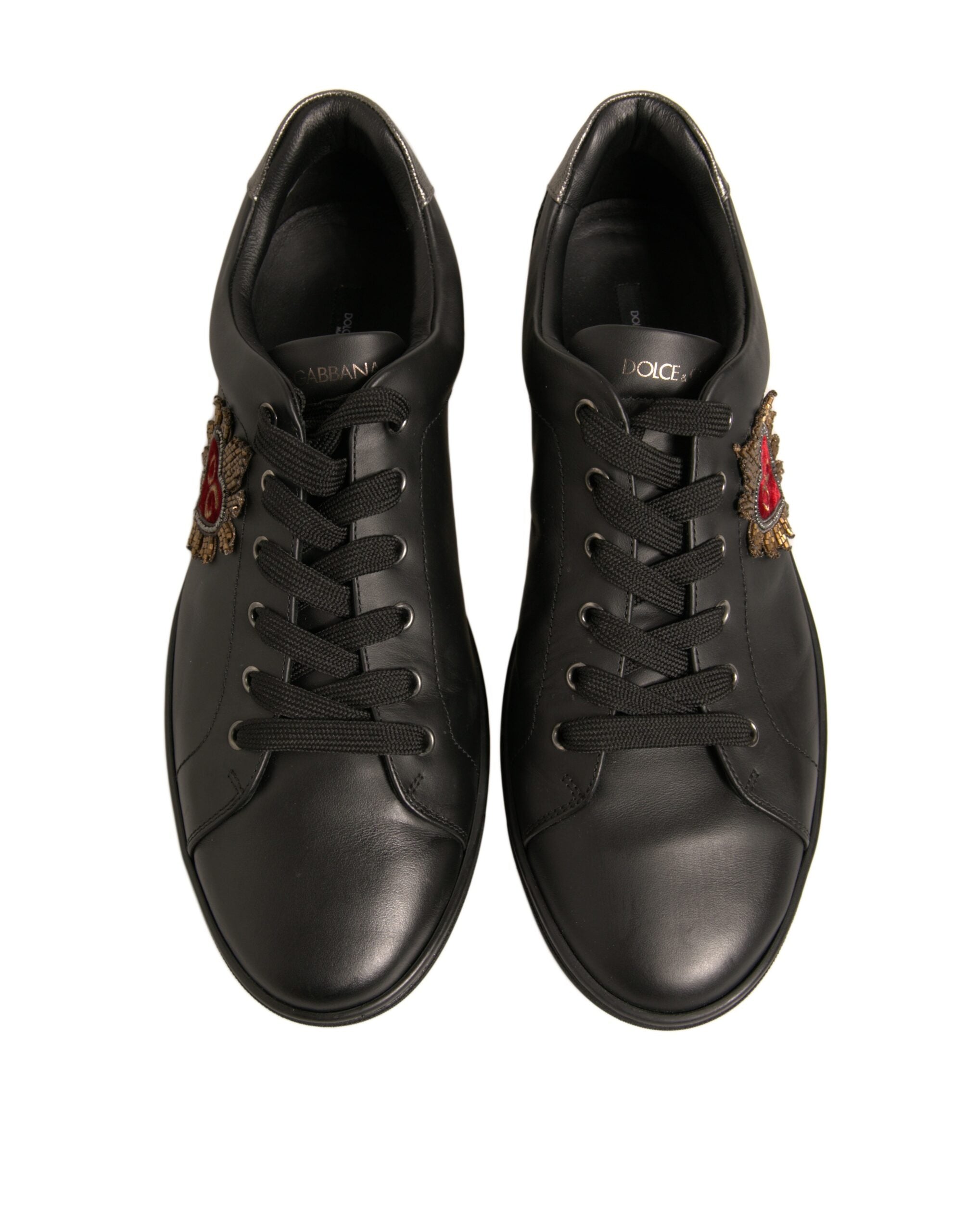 Dolce & Gabbana Black Leather Heart Embellished Sneakers Shoes -   -  Dolce & Gabbana.
