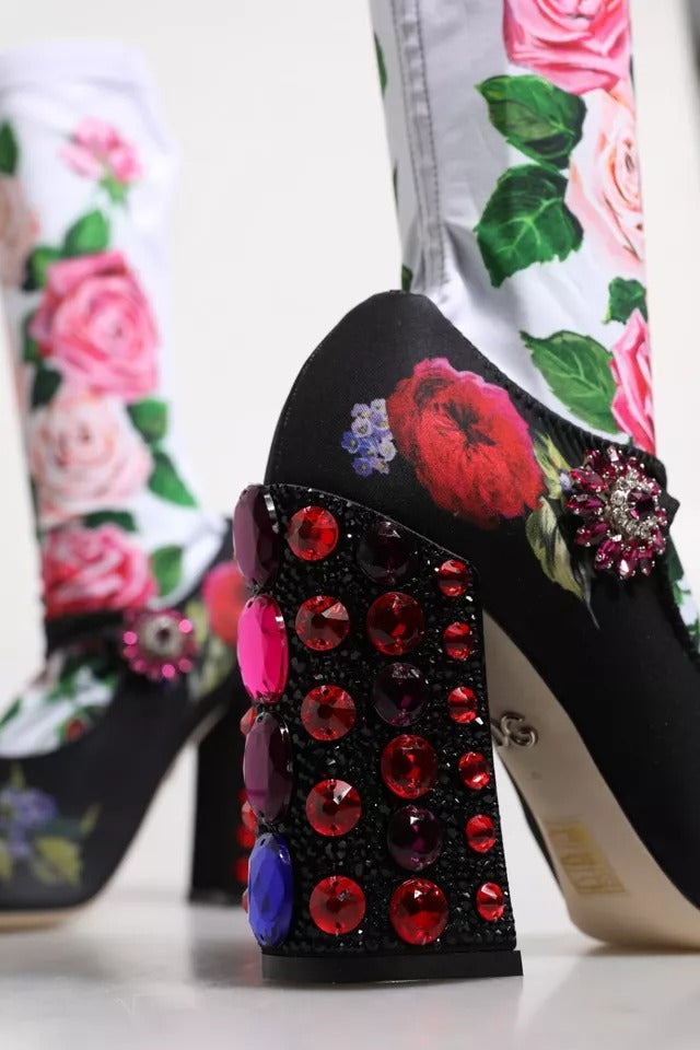 Dolce & Gabbana Black Floral Socks Crystal Boots Jersey Shoes -   -  Dolce & Gabbana.