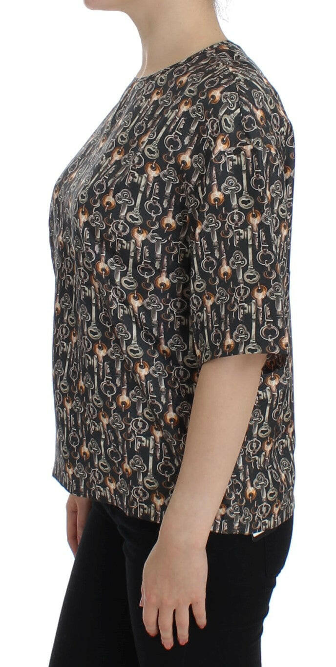 Dolce & Gabbana Gray Gold Key Print Silk Blouse T-shirt -   -  Dolce & Gabbana.