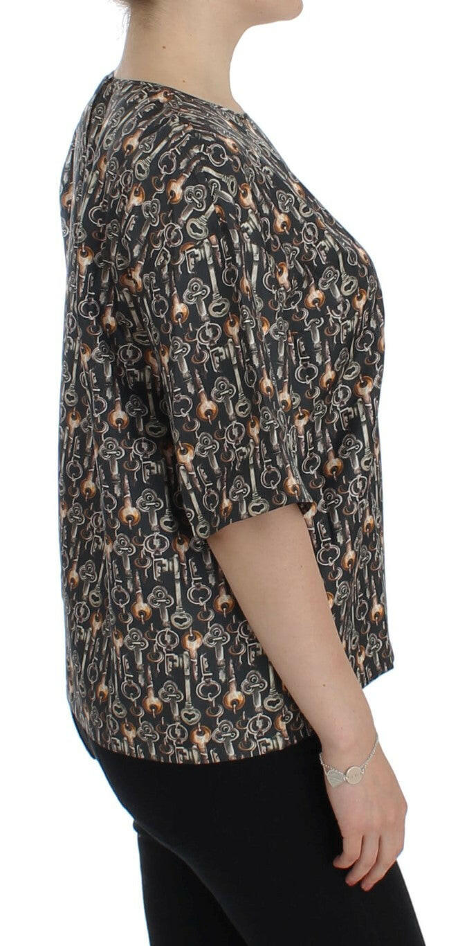 Dolce & Gabbana Gray Gold Key Print Silk Blouse T-shirt -   -  Dolce & Gabbana.