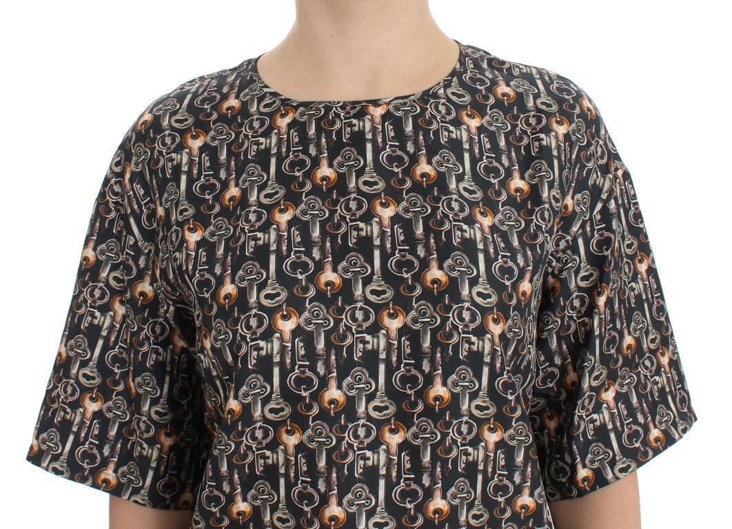 Dolce & Gabbana Gray Gold Key Print Silk Blouse T-shirt -   -  Dolce & Gabbana.