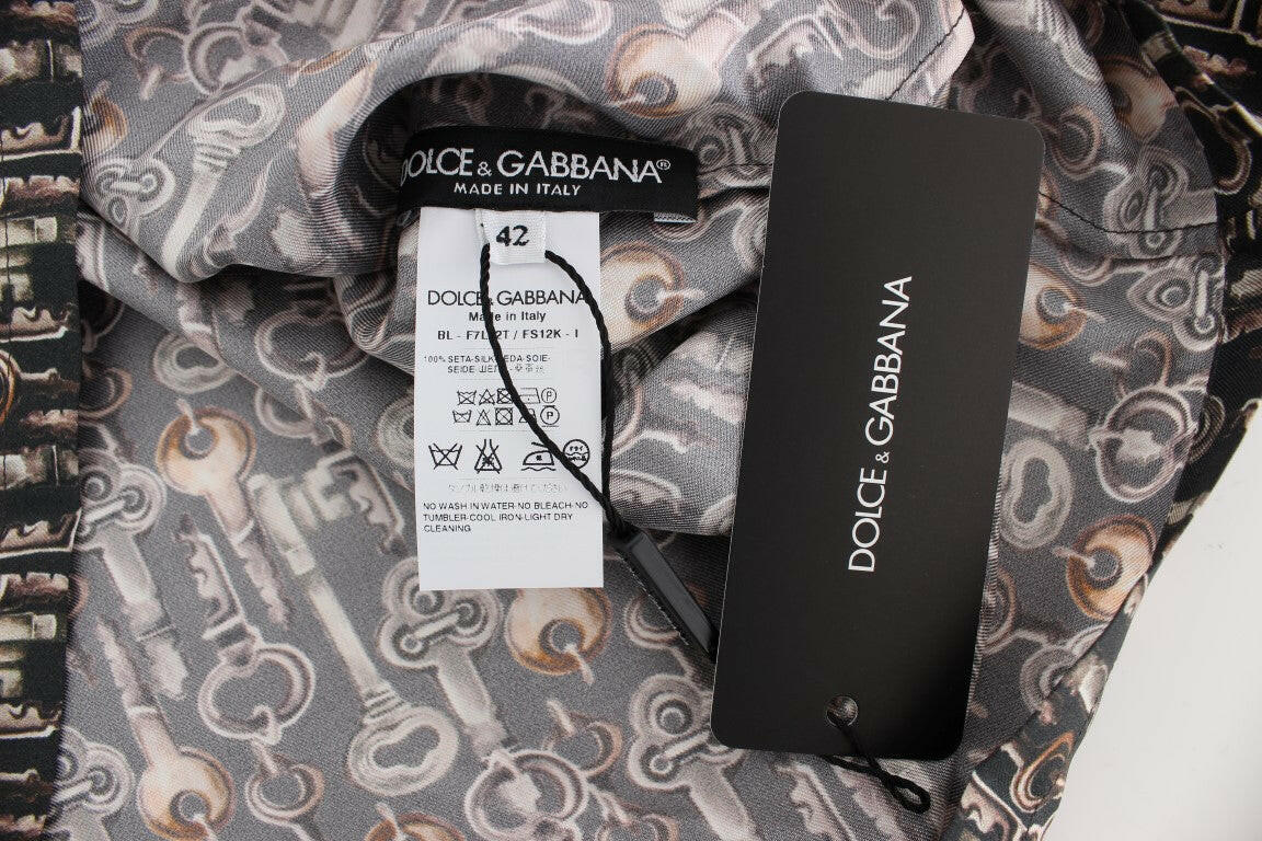 Dolce & Gabbana Gray Gold Key Print Silk Blouse T-shirt -   -  Dolce & Gabbana.
