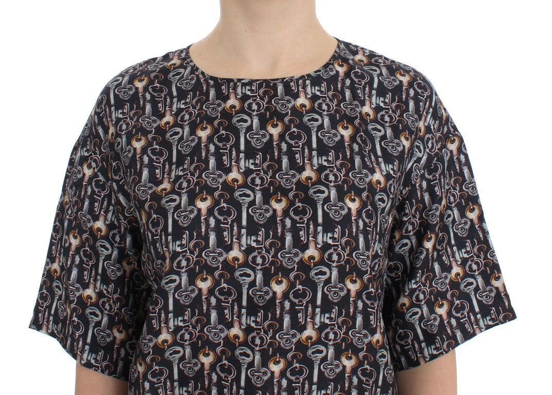 Dolce & Gabbana Gray Gold Key Print Silk Blouse T-shirt -   -  Dolce & Gabbana.