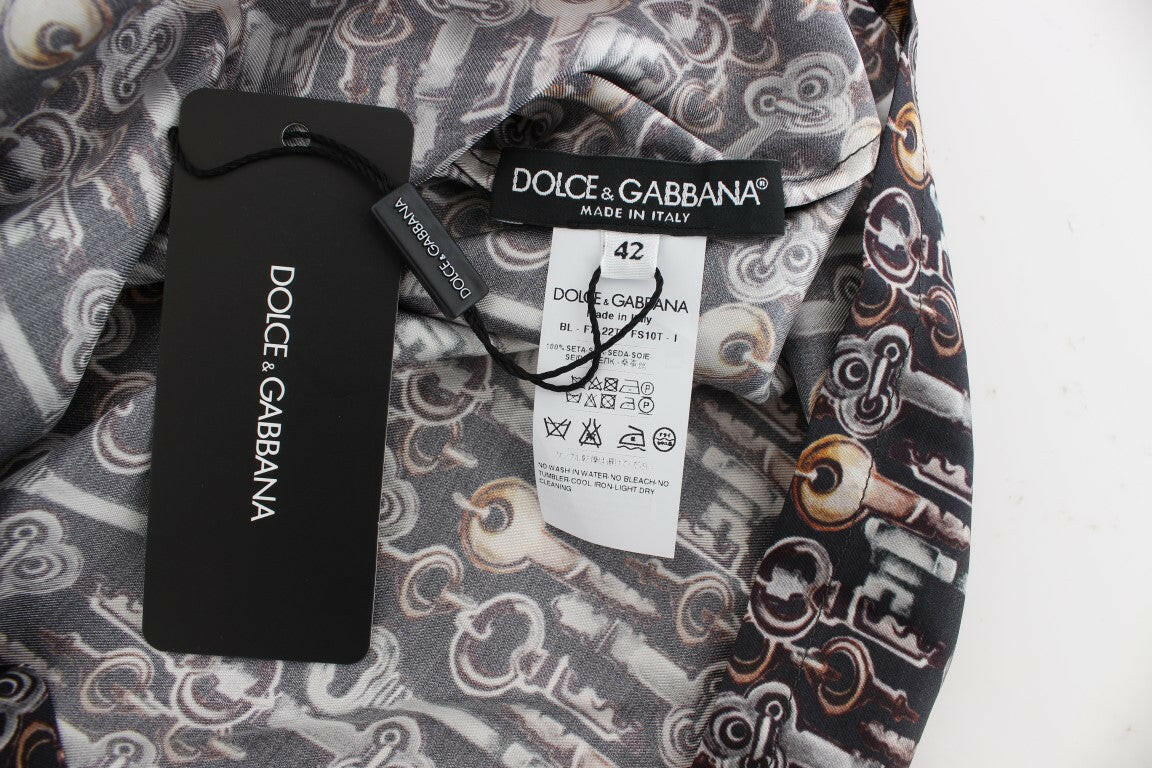 Dolce & Gabbana Gray Gold Key Print Silk Blouse T-shirt -   -  Dolce & Gabbana.