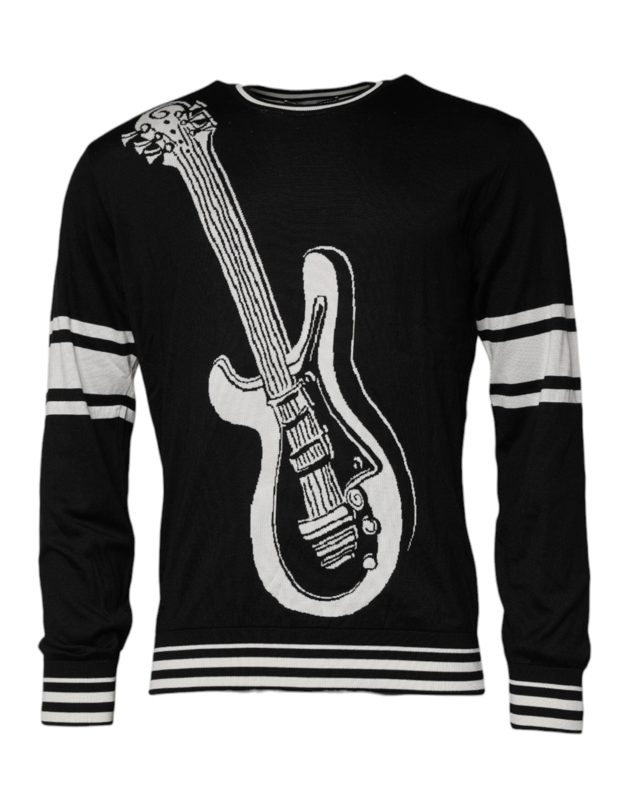 Dolce & Gabbana Black White Guitar Silk Crew Neck Sweater -   -  Dolce & Gabbana.