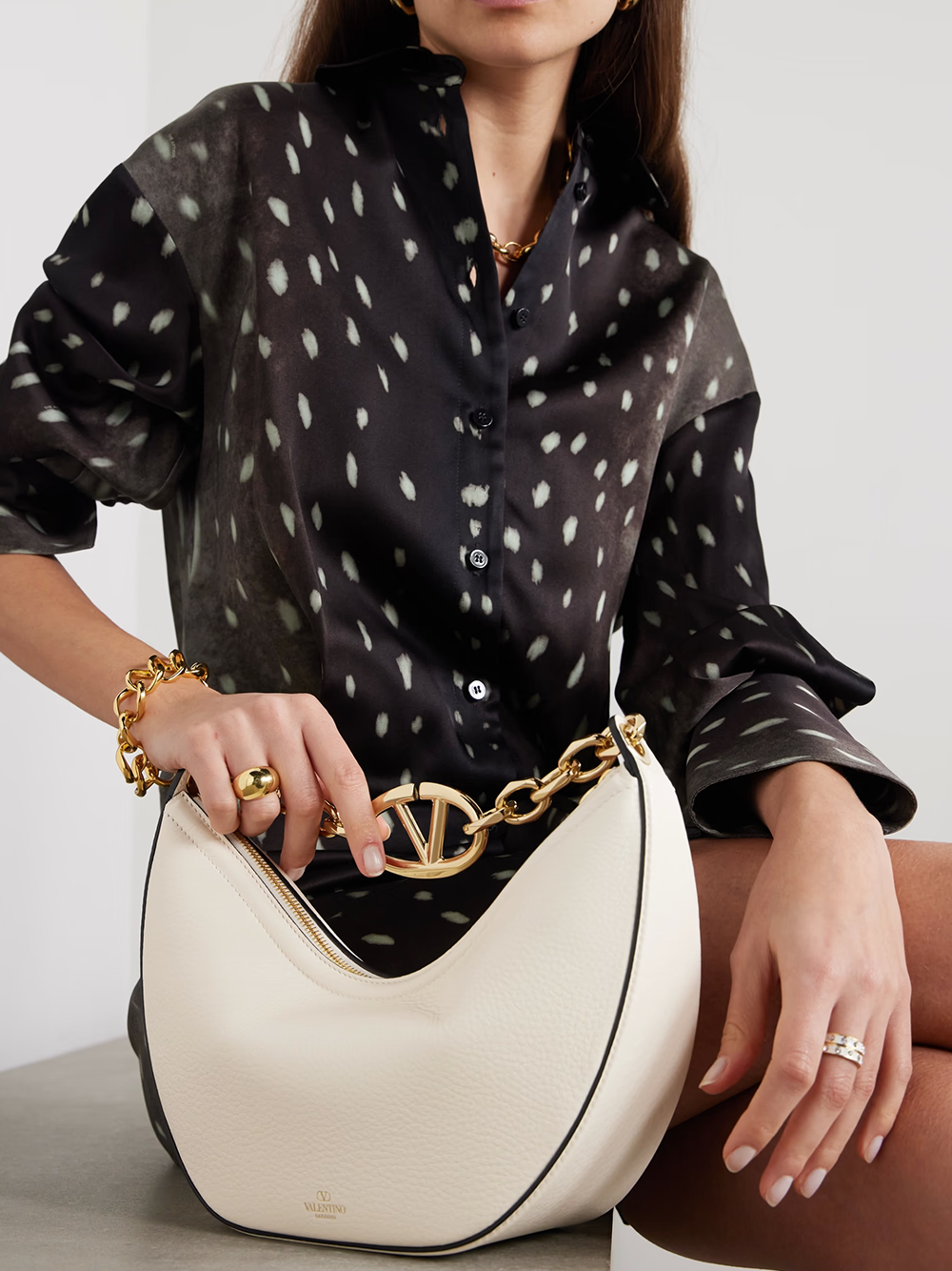 Valentino Garavani Ivory Leather Small Hobo Vlogo Shoulder Bag -  Luxury Shoulder Bag for Women -  Valentino Garavani.