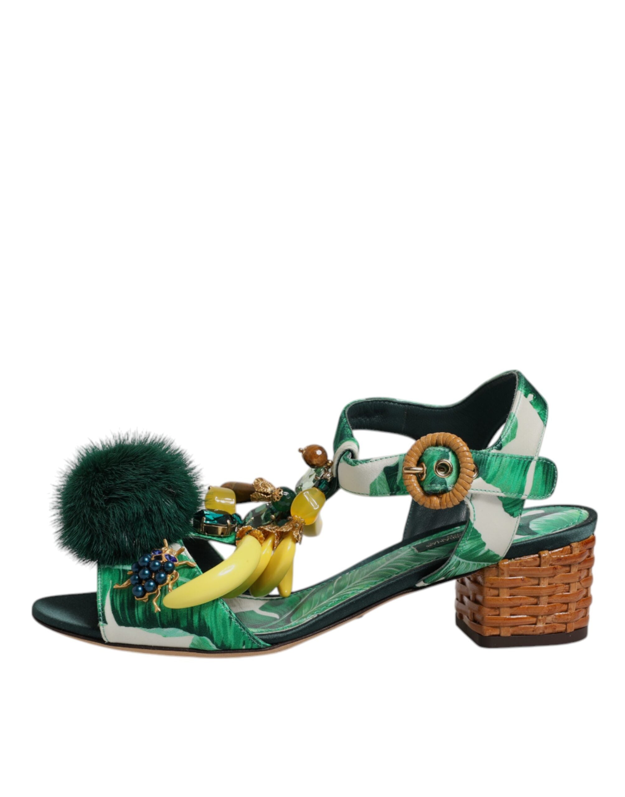 Dolce & Gabbana Green Crystal Fur Embellished Sandals Shoes -   -  Dolce & Gabbana.