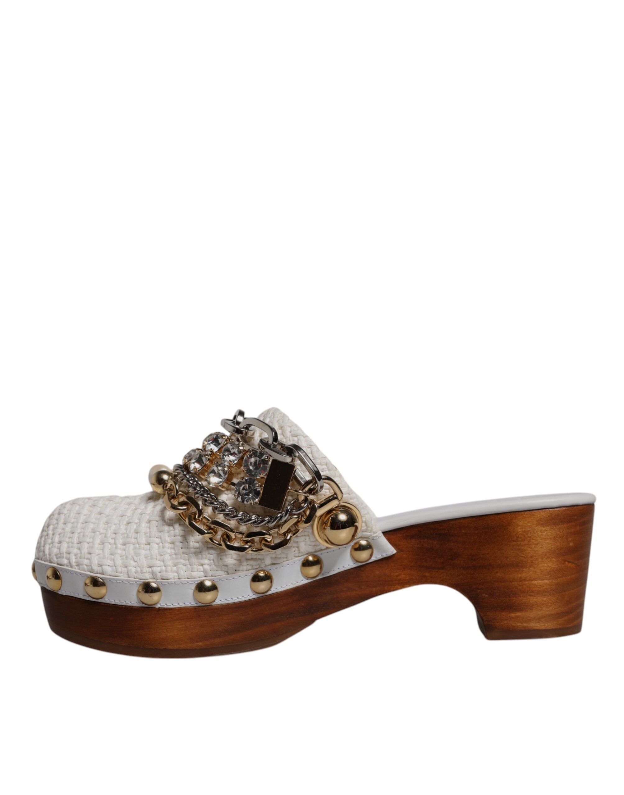Dolce & Gabbana White Raffia Clogs Bejeweled Chain Sandals Shoes -   -  Dolce & Gabbana.