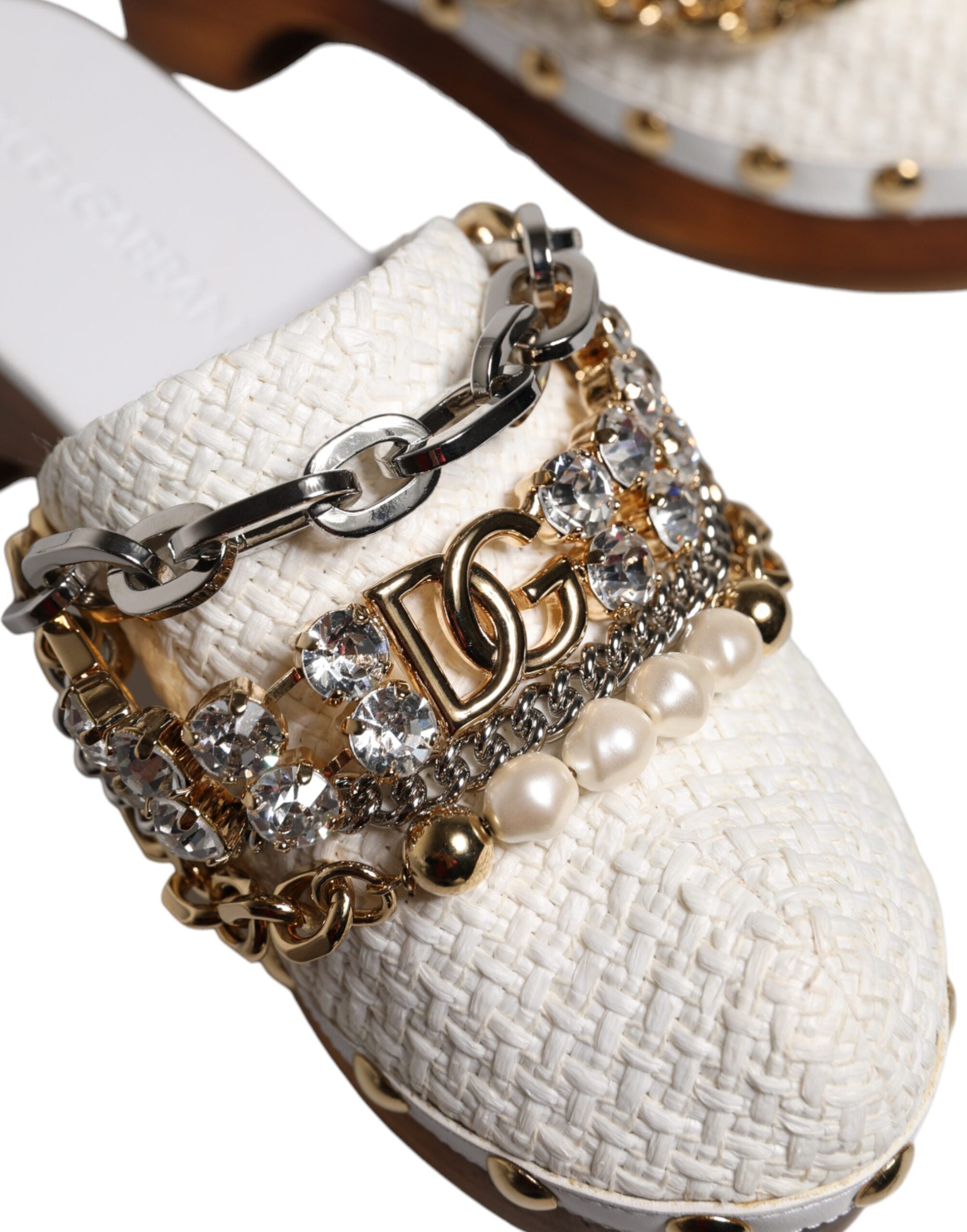 Dolce & Gabbana White Raffia Clogs Bejeweled Chain Sandals Shoes -   -  Dolce & Gabbana.